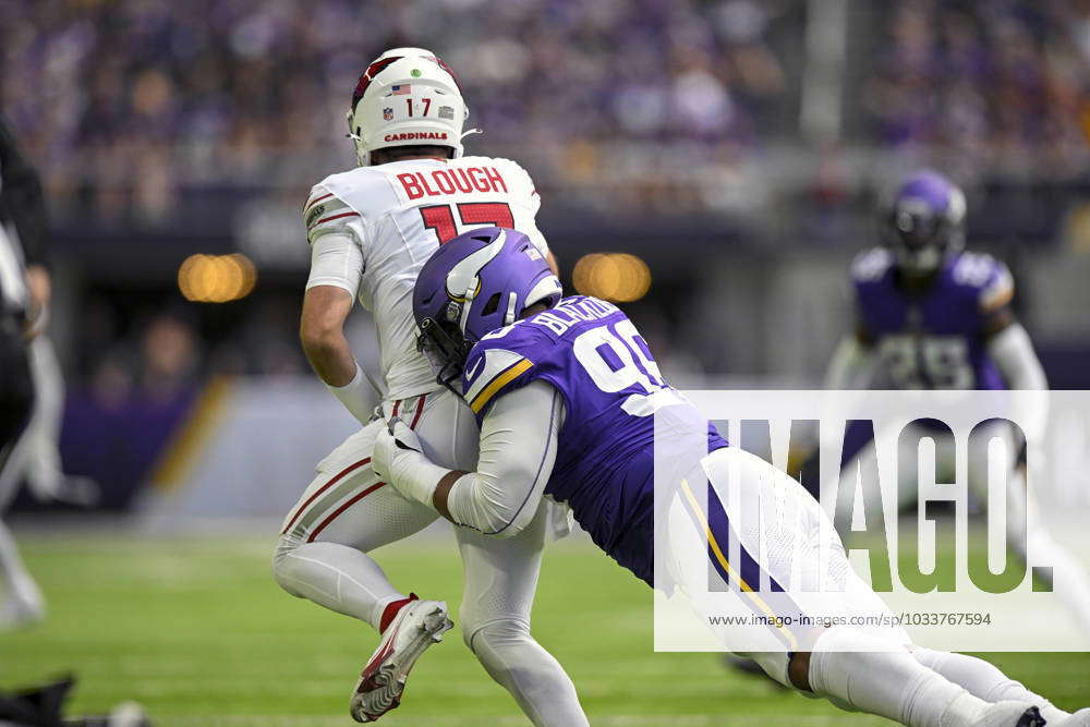 MINNEAPOLIS, MN - AUGUST 26: .Arizona Cardinals Quarterback David Blough  (17) is sacked by Minnesota