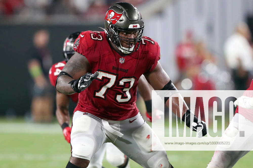 TAMPA, FL - AUGUST 26: Tampa Bay Buccaneers Offensive Tackle Brandon Walton  (73) pass blocks during