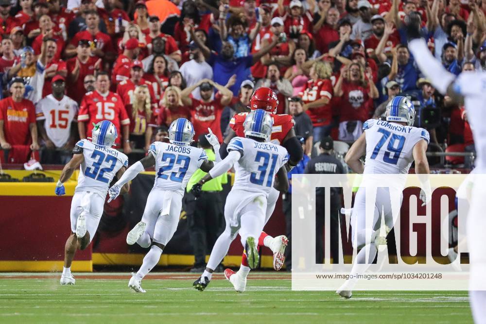 Detroit Lions safety Brian Branch (32) intercepts a pass intended