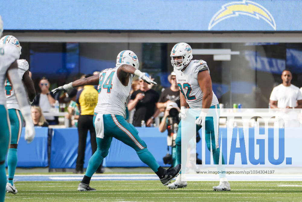 Los Angeles, United States. 10th Sep, 2023. Miami Dolphins defensive  tackles Christian Wilkins (L) and Zach Sieler (R) celebrate after an  interception against the Los Angeles Chargers during an NFL football game.