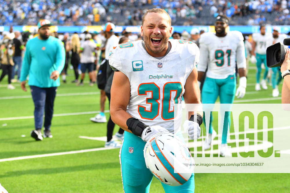 INGLEWOOD, CA - SEPTEMBER 10: Miami Dolphins fullback Alec Ingold (30)  celebrates after the NFL, Ame