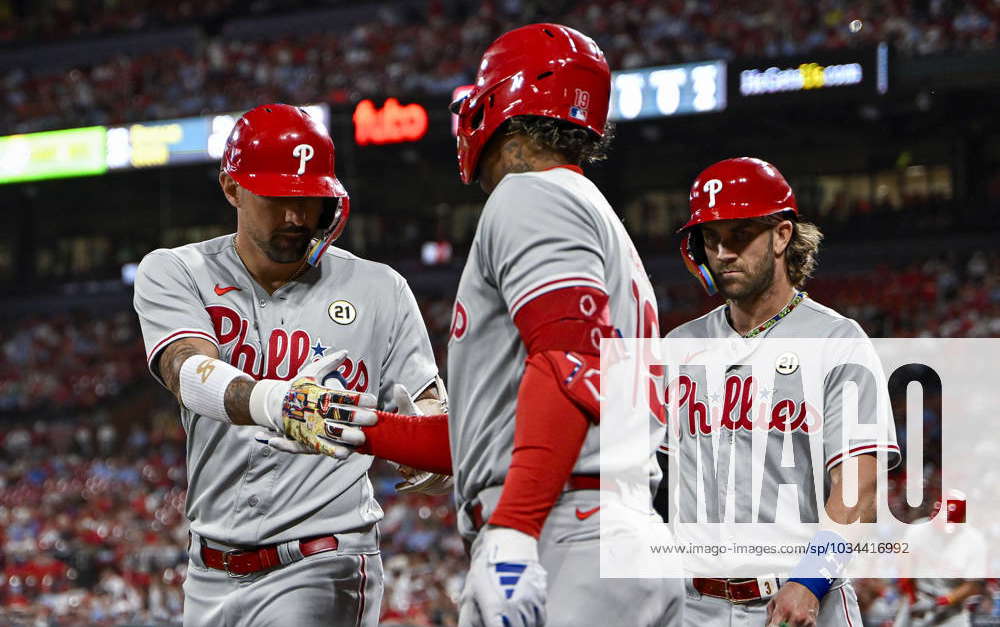 Philadelphia Phillies left fielder Cristian Pache is congratulated