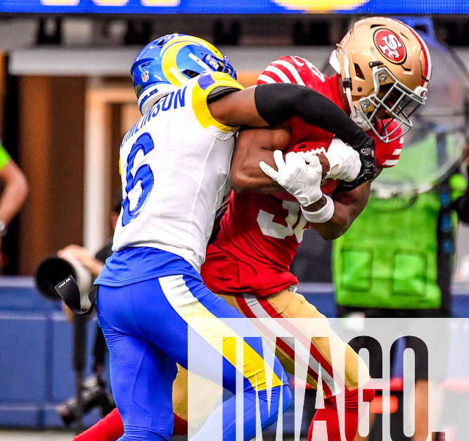 San Francisco 49ers safety George Odum celebrates after the 49ers defeated  the Los Angeles Rams 30-23 in an NFL football game Sunday, Sept. 17, 2023,  in Inglewood, Calif. (AP Photo/Ashley Landis Stock