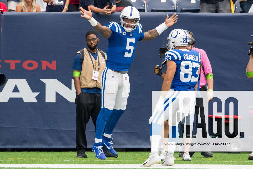 Indianapolis Colts quarterback Anthony Richardson (5) celebrates after  touchdonw run against the Houston Texans in the