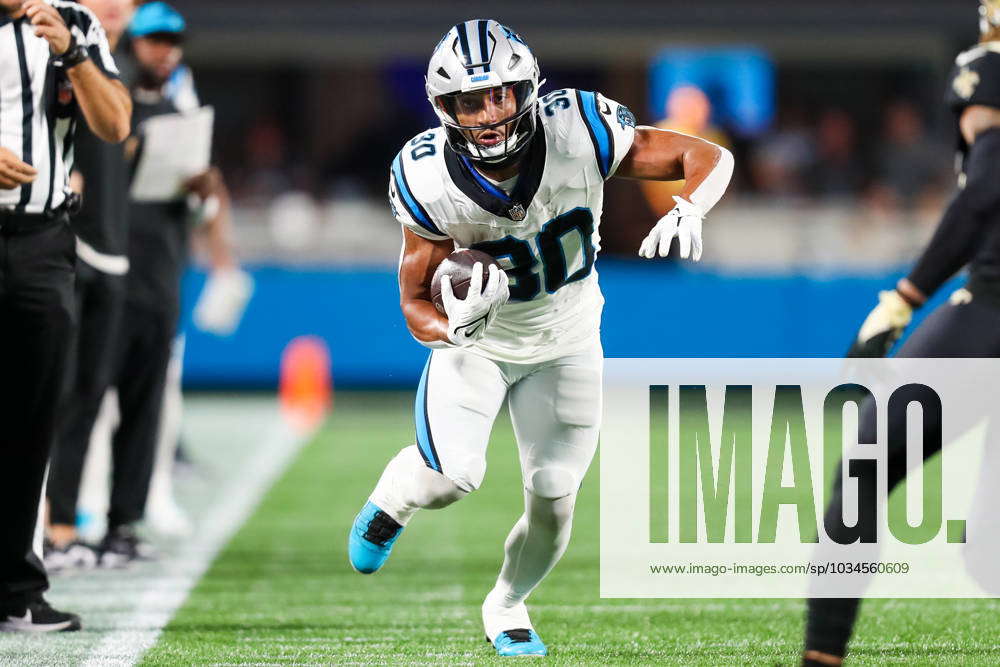 CHARLOTTE, NC - SEPTEMBER 18: Chuba Hubbard 30 of the Carolina Panthers  runs the ball during a