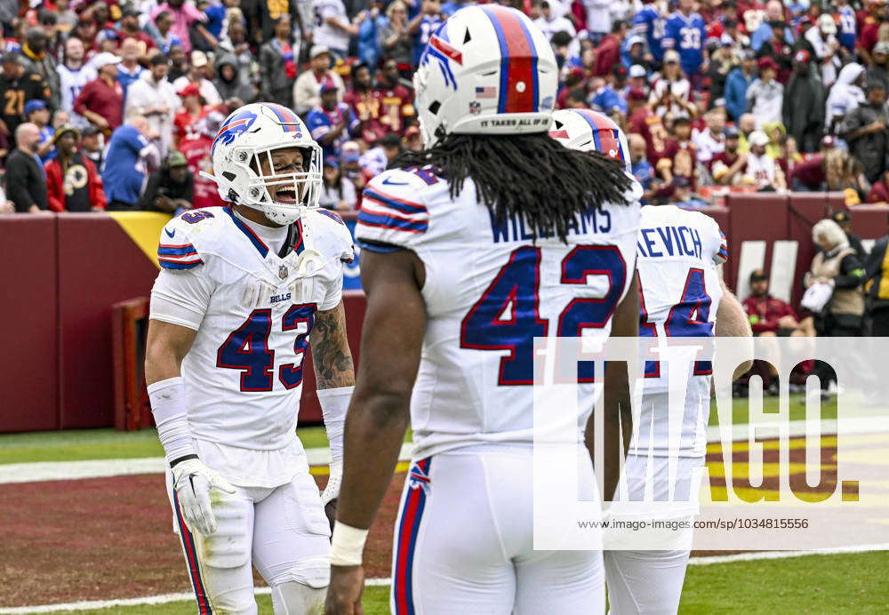 LANDOVER, MD - SEPTEMBER 24: Buffalo Bills linebacker Terrel Bernard (43)  reacts to fumble recovery