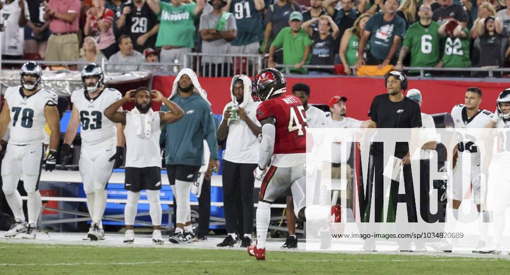 Tampa Bay Buccaneers linebacker Devin White (45) leaves the field after an  NFL football game against the Minnesota Vikings, Sunday, Sept. 9, 2023 in  Minneapolis. Tampa Bay won 20-17. (AP Photo/Stacy Bengs