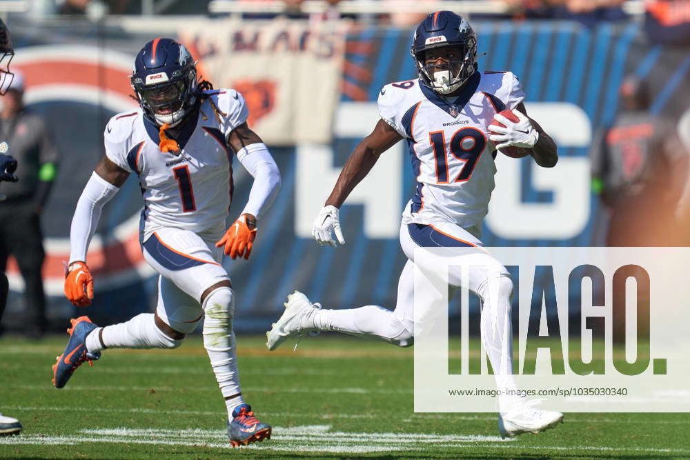 CHICAGO, IL - OCTOBER 01: Denver Broncos wide receiver Marvin Mims Jr. (19)  returns the football as