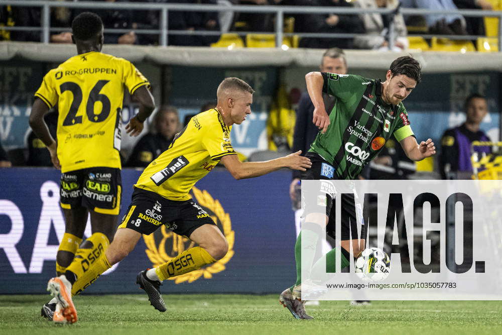 231002 Elfsborgs Sebastian Holmen and Varbergs Robin Tranberg during ...