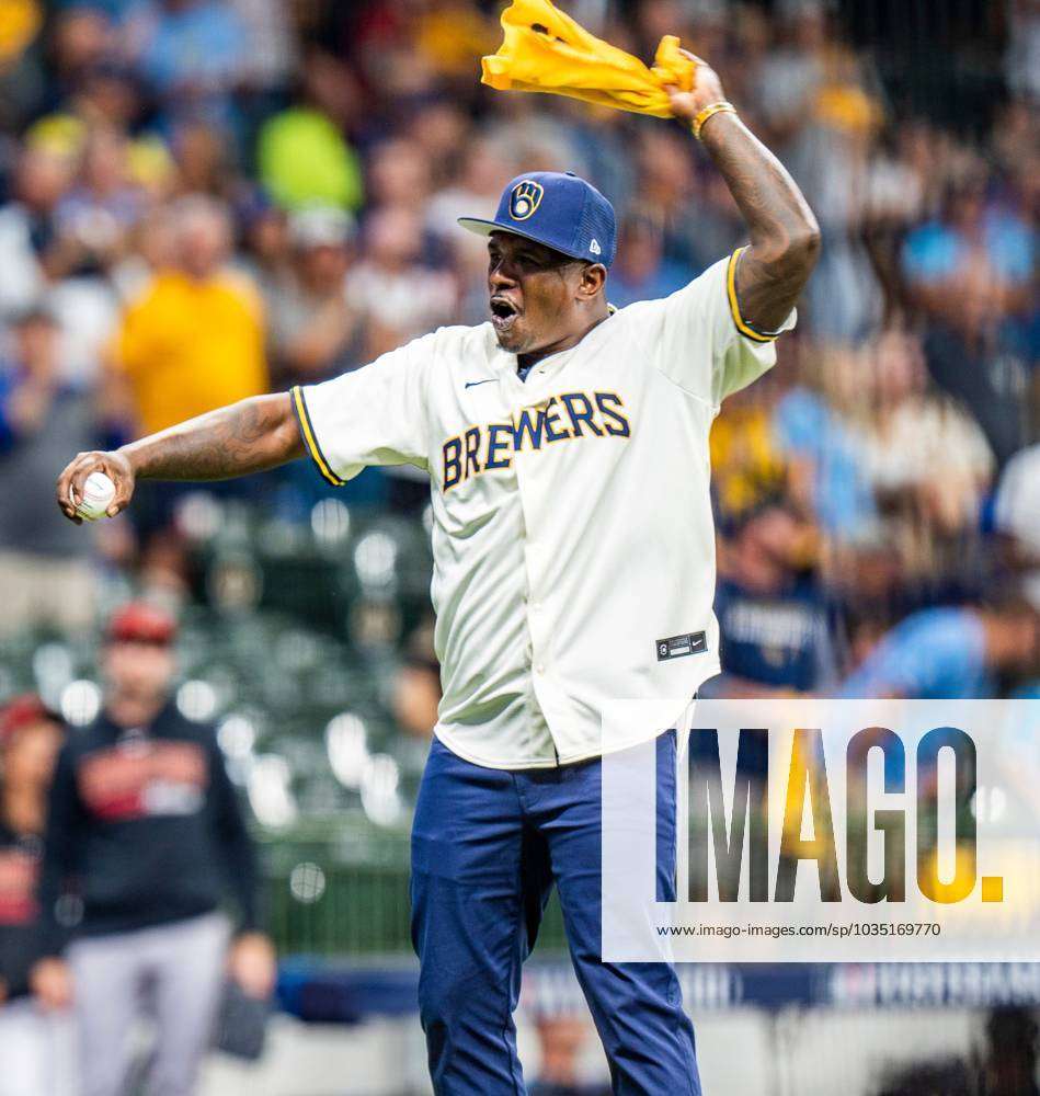 Syndication: Journal Sentinel Nyjer Morgan throws out the ceremonial first  pitch at Game 2 of the