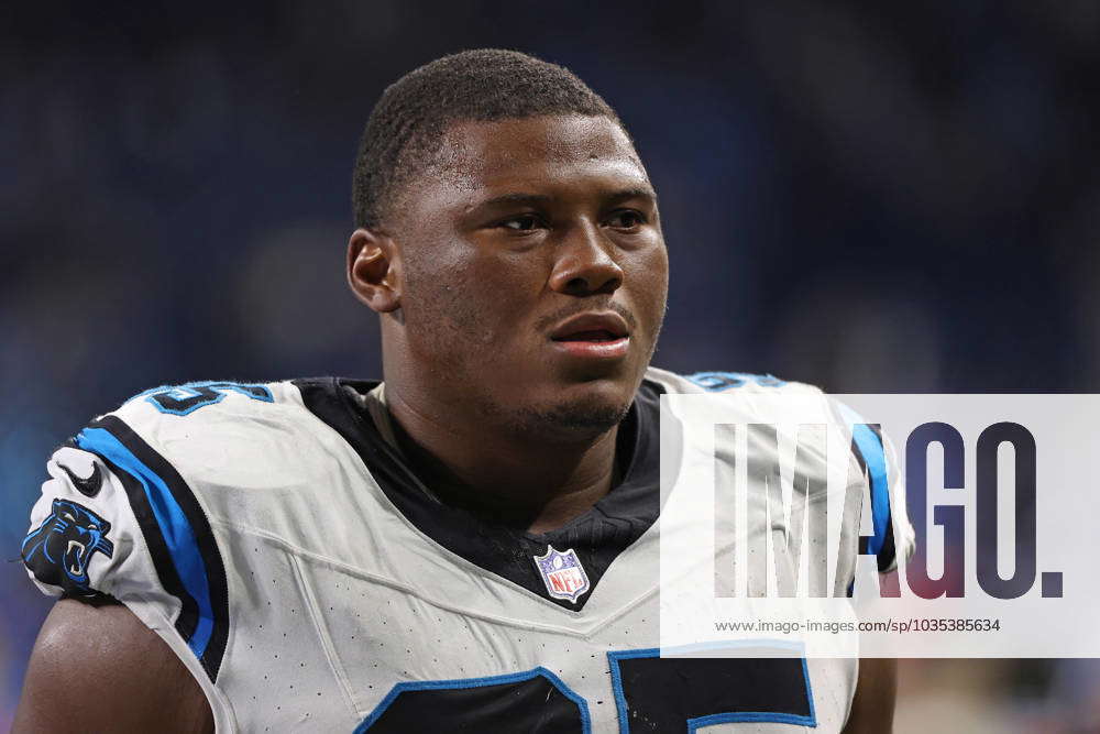 Carolina Panthers defensive tackle Derrick Brown (95) looks on between  plays during the second half of