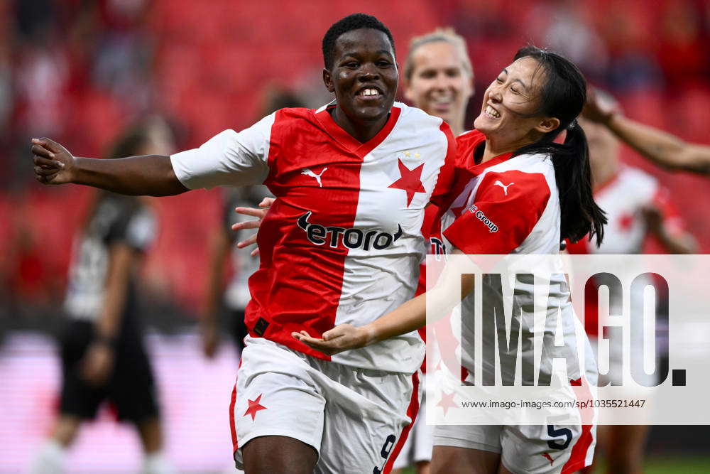 Marjolen Wafula Nekesa of Slavia (left) celebrates goal during the final  round of women Champions