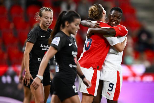 Marjolen Wafula Nekesa of Slavia (left) celebrates goal during the final  round of women Champions