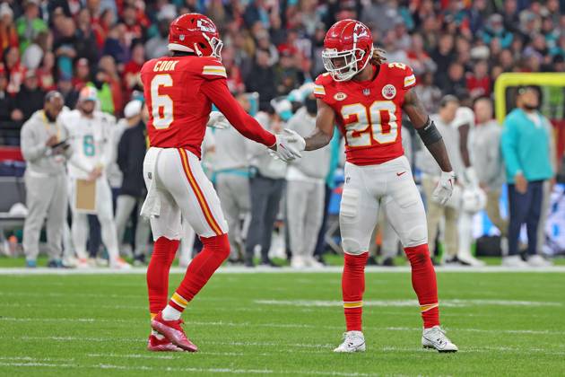 Bryan Cook Kansas City Chiefs, No. 6 congratulates Justin Reid Kansas City  Chiefs, No. 20 on the