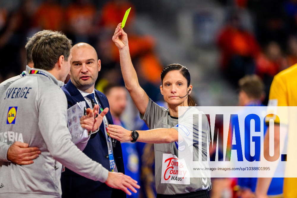 240111 Head coach Glenn Solberg of Sweden receives a yellow card