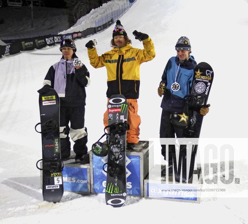 Snowboarding: X Games Japan s Taiga Hasegawa (C) poses on the podium after  winning gold in