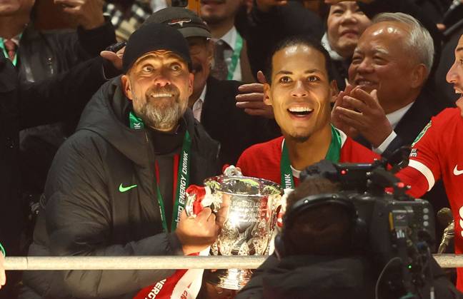 Liverpool manager Jurgen Klopp and captain Virgil van Dijk lift the Carabao Cup Chelsea v Liverpool, EFL Carabao Cup Final, Football, Wembley Stadium, London, UK - 25 Feb 2024 EDITORIAL USE ONLY No use with unauthorised audio, video, data, fixture lists, club league logos or live services. Online in-match use limited to 120 images, no video emulation. No use in betting, games or single club league player publications.  Copyright: xKieranxMcManus Shutterstockx 14355229oj