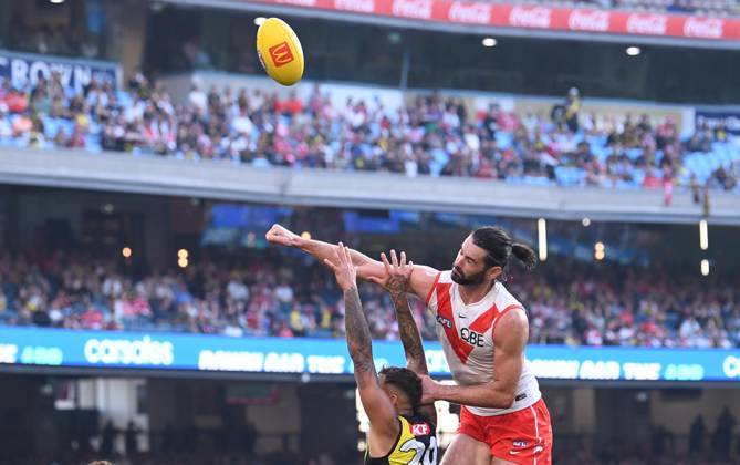 AFL TIGERS SWANS Brodie Grundy of the Swans right and Shai