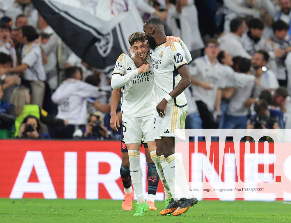 Madrid, Spain, 9th April 2024. Federico Valverde of Real Madrid (L)  celebrates with Antonio Rudiger