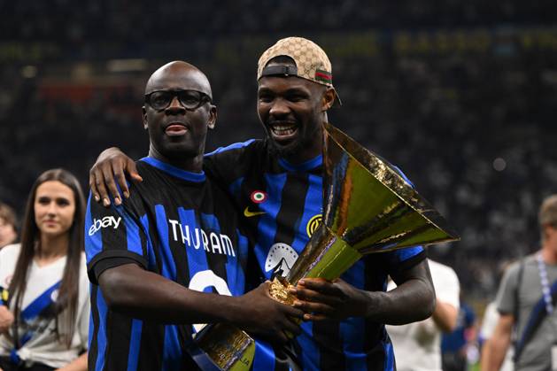 Milan, Italy: Marcus Thuram of FC Internazionale and Lilian Thuram