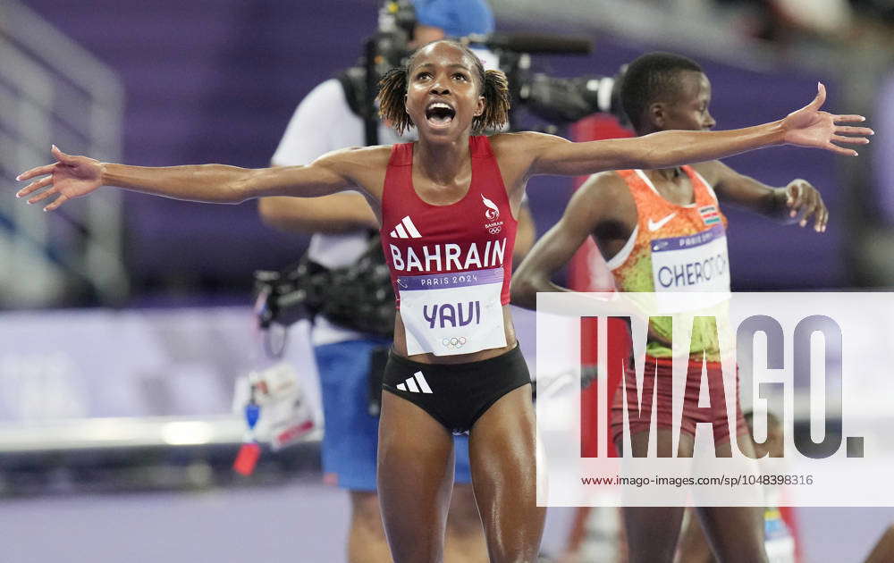 Winfred Yavi of Bahrain celebrates after winning the gold medal in the Women  s 3000m Steeplechase