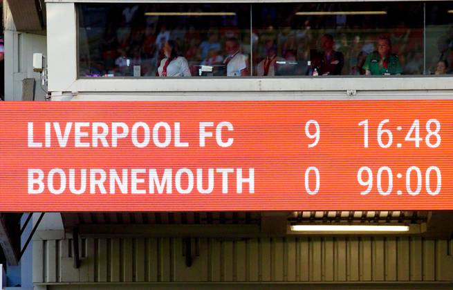 File photo dated 27-08-2022 of the scoreboard after Liverpool beat Bournemouth 9-0 in 2022. 9-0 - the biggest win in Premier League history, on four occasions - most recently by Liverpool against Bournemouth in August 2022. Issue date: Thursday August 8, 2024. FILE PHOTO EDITORIAL USE ONLY No use with unauthorised audio, video, data, fixture lists, club league logos or live services. Online in-match use limited to 120 images, no video emulation. No use in betting, games or single club league player publica...  Copyright: xPeterxByrnex 77094961
