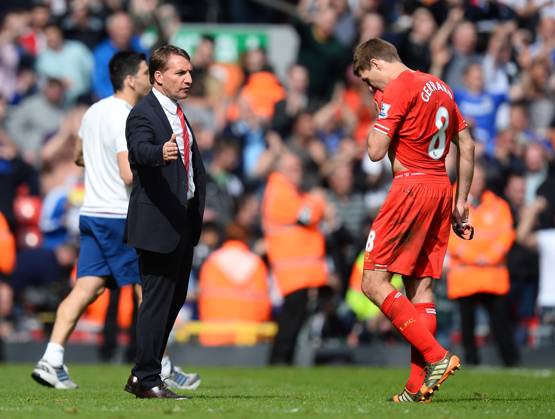 Soccer 2014: Liverpool v Chelsea APR 27 April 27, 2014 - Liverpool, United Kingdom - Brendan Rodgers manager of Liverpool consoles Steven Gerrard of Liverpool - Barclays Premier League - Liverpool v Chelsea - Anfield Stadium - Liverpool - England - 27th April 2014 - Pic Simon Bellis Sportimage. Liverpool United Kingdom EDITORIAL USE ONLY Copyright: xx ZUMA-20140427_zaf_si1_143.jpg SimonxBellisx csmphoto911428