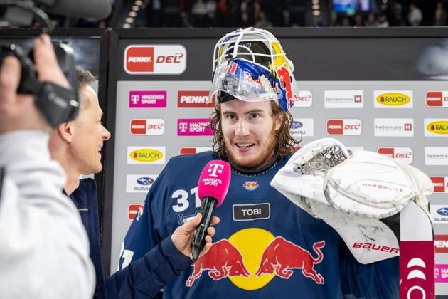 Evan Fitzpatrick 31 EHC Red Bull Muenchen at the interview after the ...