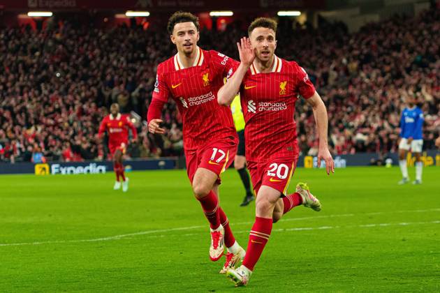 Liverpool FC v Everton FC - Premier League Liverpool s Diogo Jota celebrates after scoring their first goal during the Premier League match between Liverpool and Everton at Anfield in Liverpool, England, on April 2, 2025. Liverpool Merseyside United Kingdom  Copyright: xMIxNewsx originalFilename:fletcher-liverpoo250402_npoEO.jpg