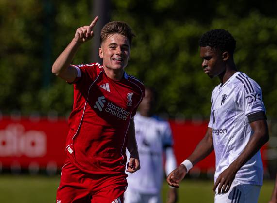 Football - Premier League 2 - Liverpool FC Under-21 s v Manchester United, ManU FC Under-21 s KIRKBY, ENGLAND - Sunday, September 21, 2025: Liverpool s Michael Laffey celebrates after scoring the opening goal during the Premier League 2 match between Liverpool FC Under-21 s and Manchester United FC Under-21 s at the Liverpool Academy. (Photo by David Rawcliffe Propaganda) KIRKBY Liverpool Academy MERSEYSIDE ENGLAND  Copyright: xDavidxRawcliffex P2025-09-21-Liverpool_U21_Man_Utd_U21-12