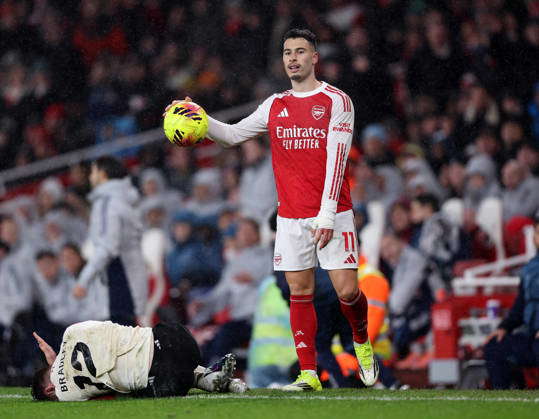 London, England, 8th January 2026. Gabriel Martinelli of Arsenal after Conor Bradley of Liverpool gets injured during the Arsenal vs Liverpool Premier League match at the Emirates Stadium, London. Picture credit should read: David Klein Sportimage EDITORIAL USE ONLY. No use with unauthorised audio, video, data, fixture lists, club league logos or live services. Online in-match use limited to 120 images, no video emulation. No use in betting, games or single club league player publications. SPI_098_DK_Arsenal_Liverpool SPI-4439-0098