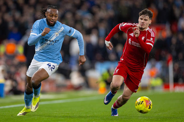 Football - FA Premier League - Liverpool FC v Manchester City FC LIVERPOOL, ENGLAND - Sunday, February 8, 2026: Liverpool s Milos Kerkez (R) challenges Manchester City s Antoine Semenyo during the FA Premier League match between Liverpool FC and Manchester City FC at Anfield. (Photo by David Rawcliffe Propaganda) LIVERPOOL Anfield MERSEYSIDE ENGLAND  Copyright: xDavidxRawcliffex P2026-02-08-Liverpool_Man_City-46