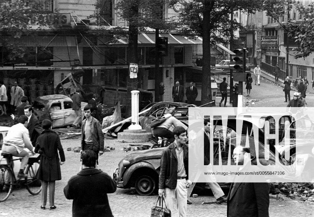 25th May 1968: Paris riots. Cars that were overturned and set fire to ...