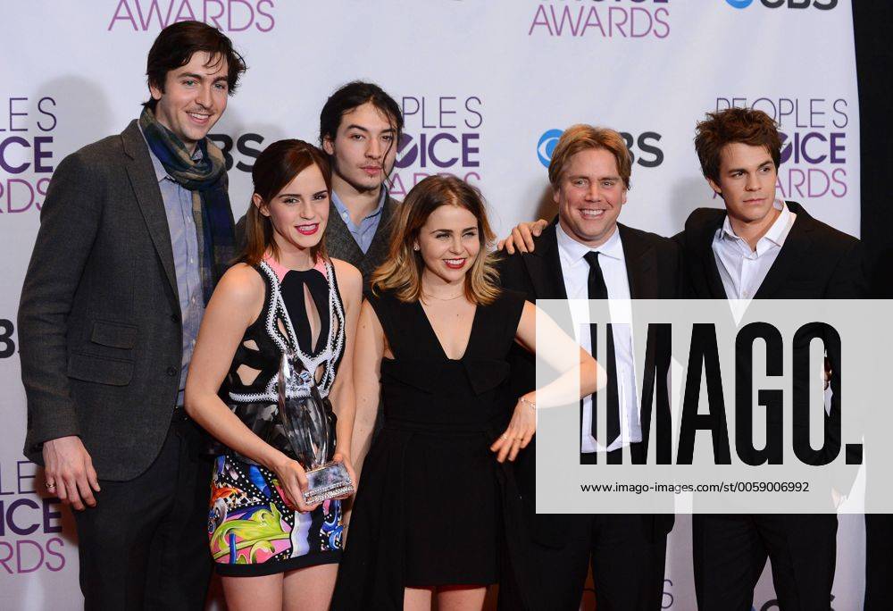 From left, actors Nicholas Braun, Emma Watson, Ezra Miller, Mae Whitman ...