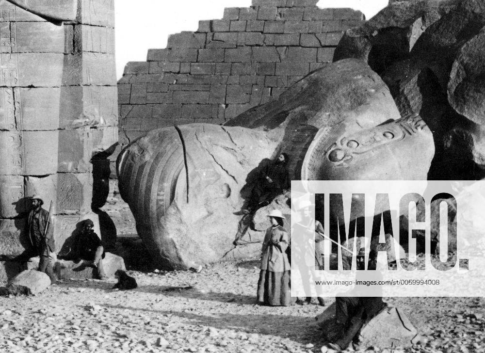 A European couple at Thebes, at the Great Fallen Colossus 1857 Egypt ...