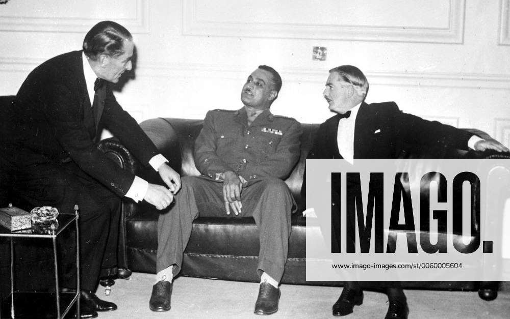 Cairo Sir Anthony Eden sits with Prime Minister Gamal Abdul Nasser of ...