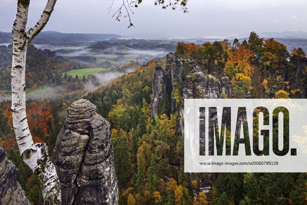 Aussicht vom Ferdinandstein über die herbstliche Bastei, Nationalpark Sächsische Schweiz, Sachsen