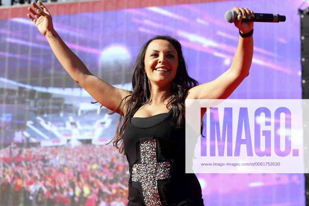 22 - GENT, BELGIUM: Milk Inc singer Linda Mertens pictured during the  viewing on a big screen