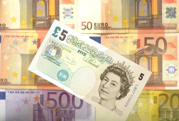 Symbolbild Wechselkurs 5 englische Pfund Euro Banknote