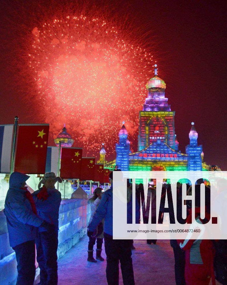 HARBIN, China Fireworks are set off as the Harbin ice and snow