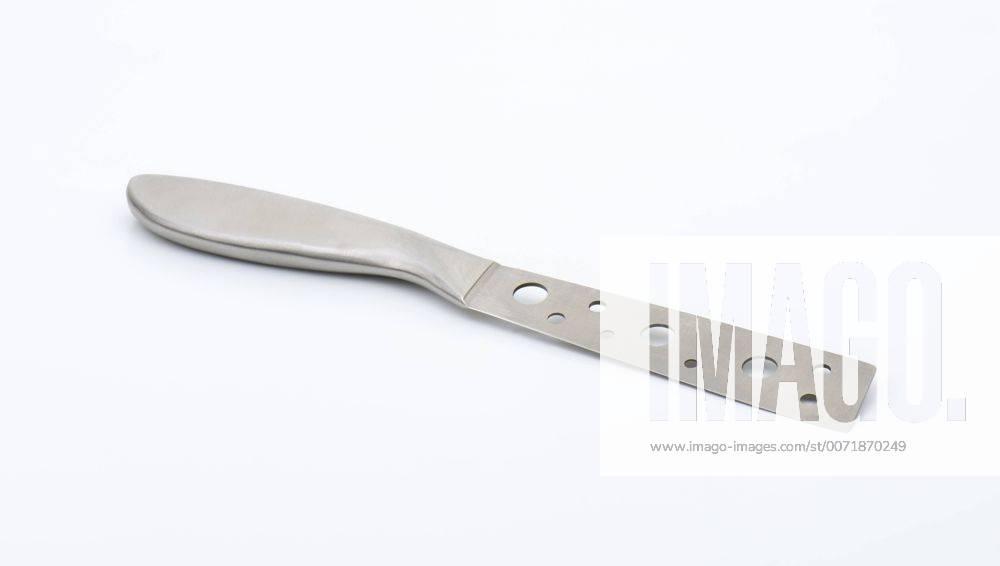 Cheese knife with holes in the blade, designed for slicing soft cheese