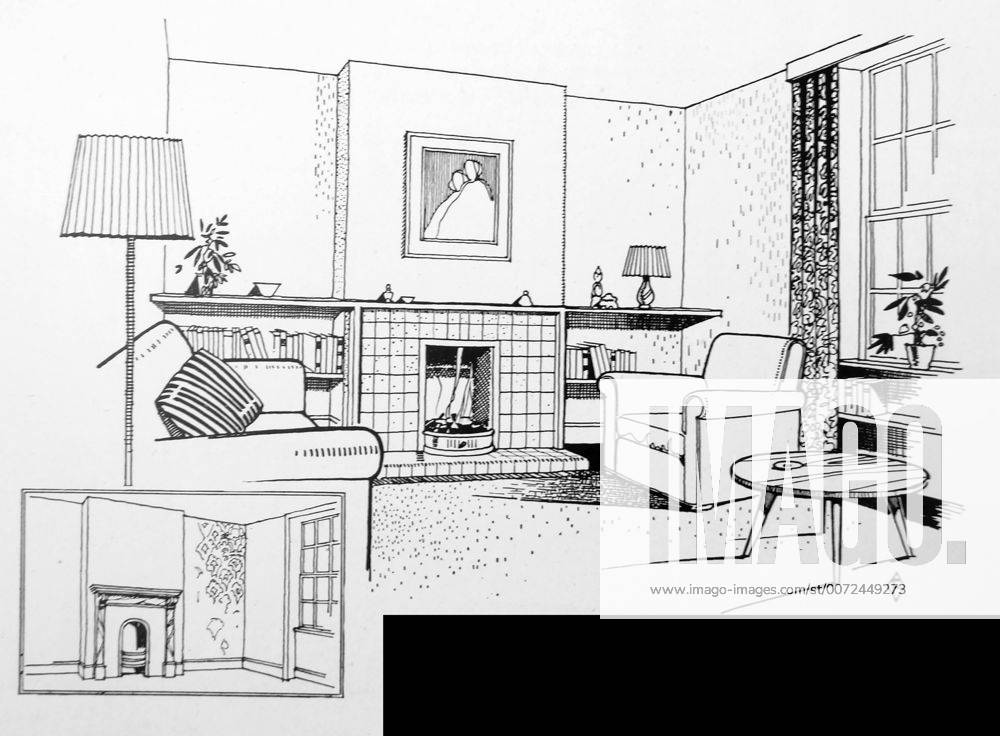 Illustration of a living room, before and after redecoration