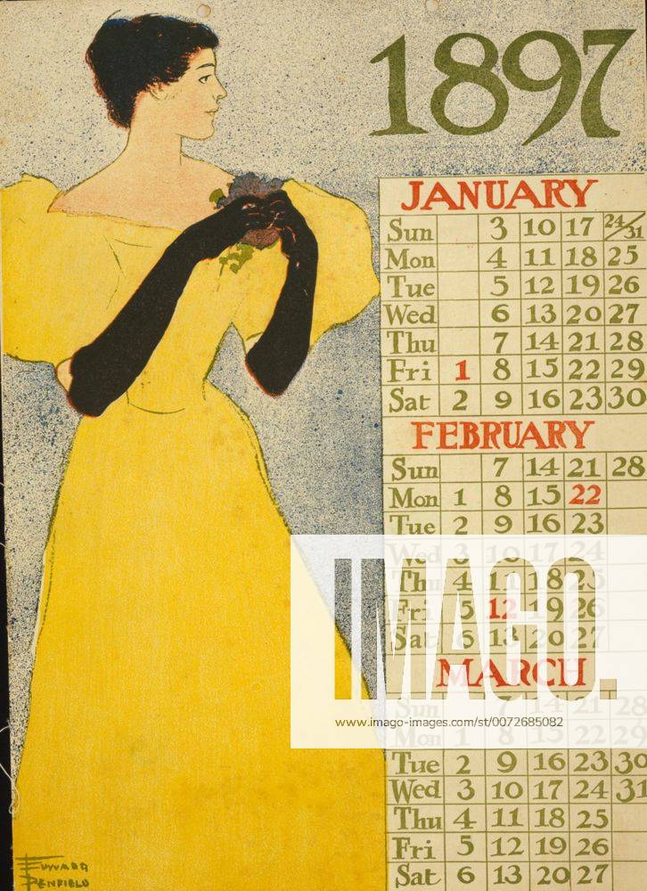 Poster, which is first page of a calendar, shows woman in evening gown