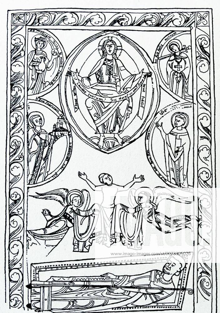 Line drawing of the Pious death of Abbot Lambert. His soul, a small ...