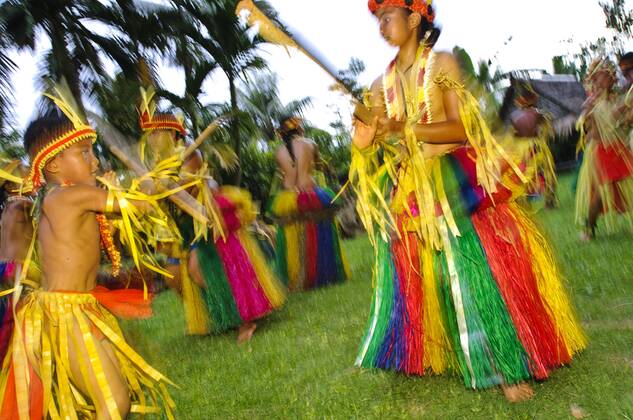 Yap. Yapese dancers do the traditional bamboo stick dance