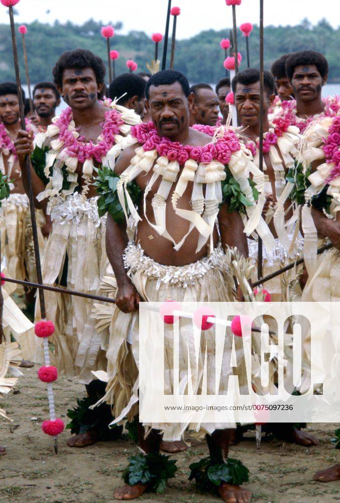 Fijian warriors with spears attending a tribal gathering in Fiji, South ...