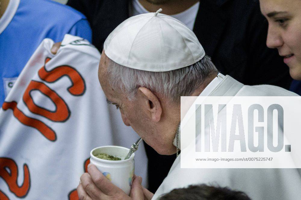 Vatican: Pope Francis Weekly General Audience Pope Francis drinks a cup ...