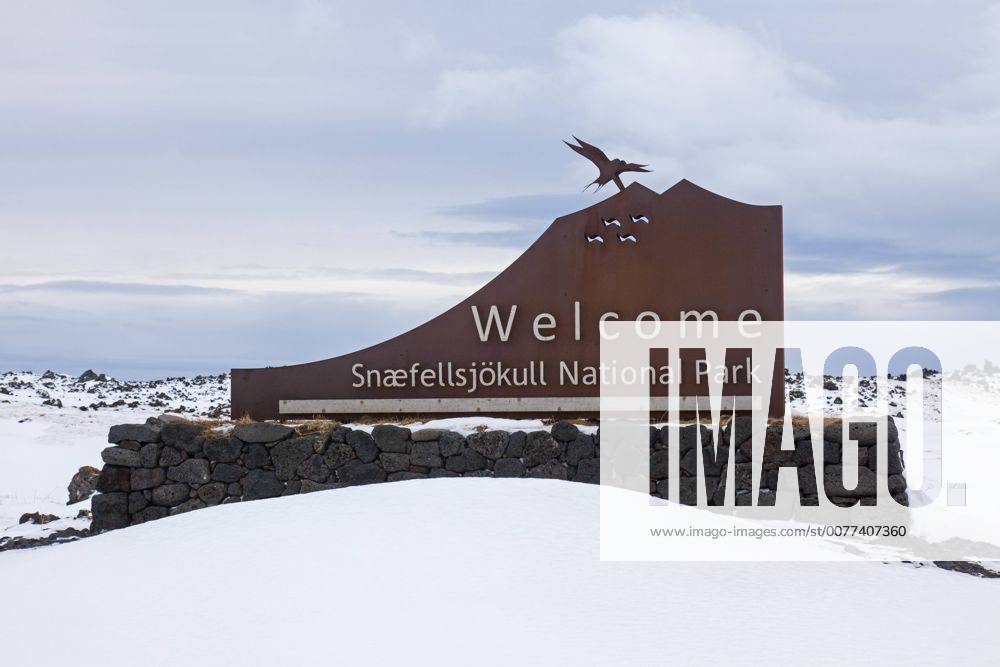 Entrance sign of the Snæfellsjökull National Park in winter on the ...