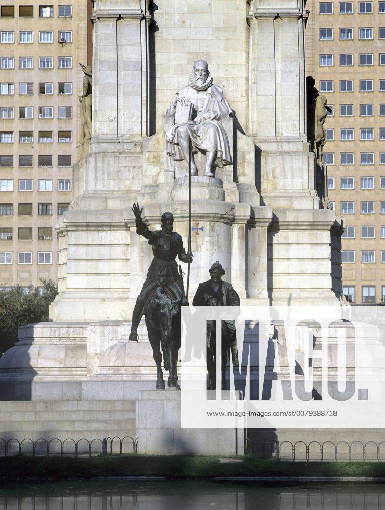 Madrid, Plaza de Espana, Cervantes monument with statue of the author ...