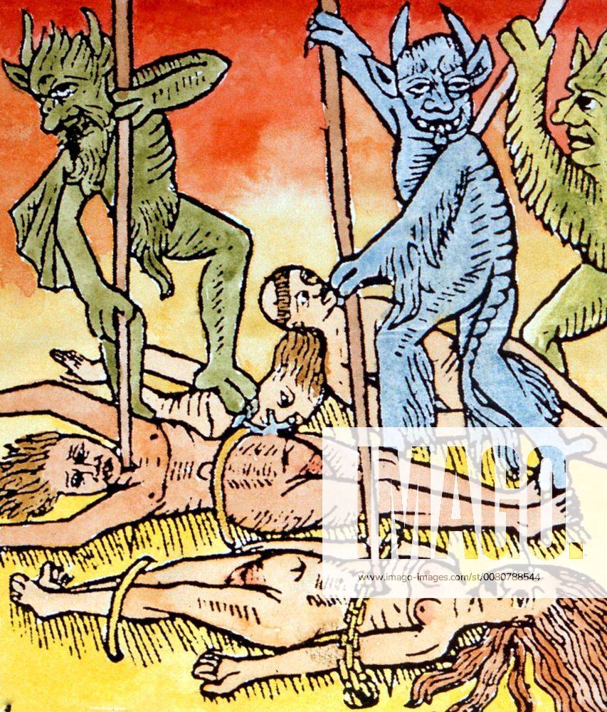 Hell Demons Torturing The Naked Souls Of Witches In Hell Illustration From The Titlepage Of A